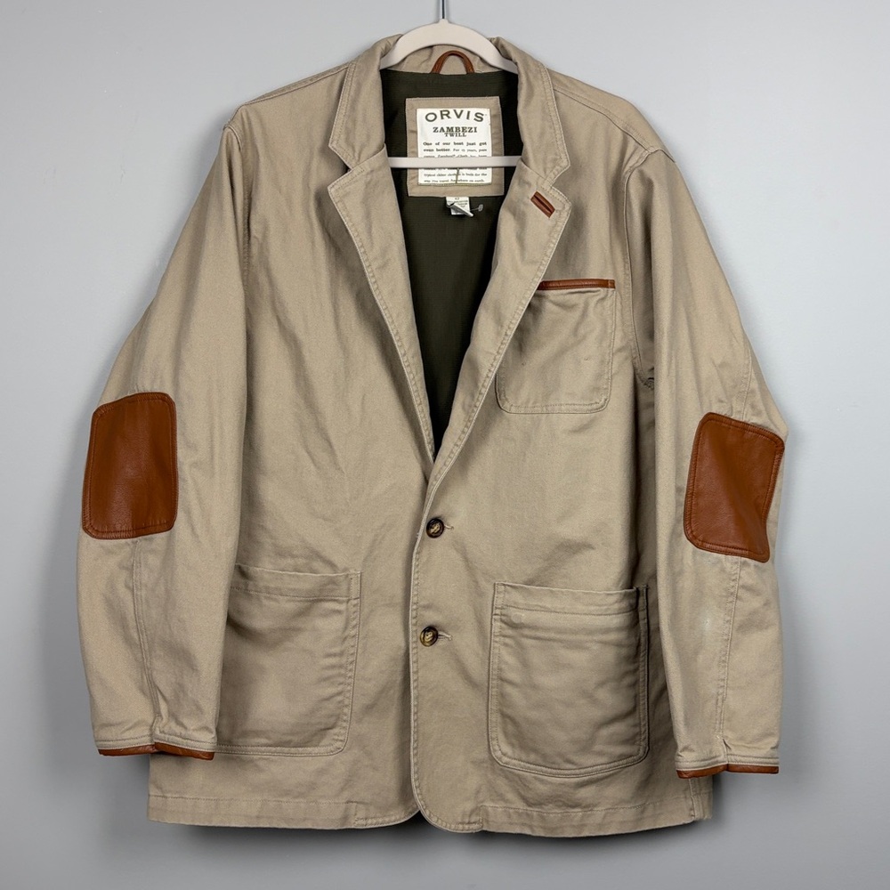 Orvis Men's Zambezi Twill Khaki Jacket with Faux Leather Accents SZ‎ 42